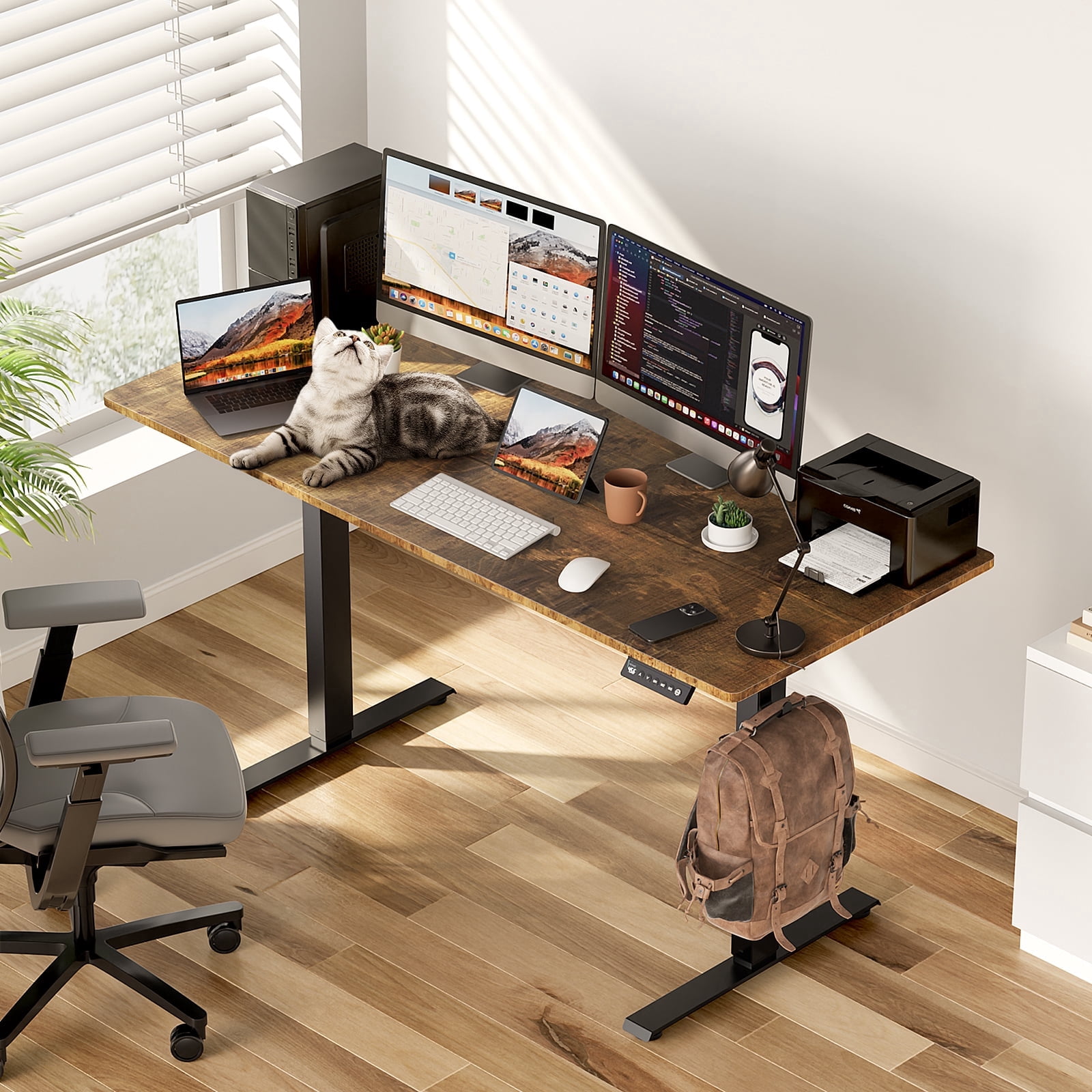 VVENACE Electric Standing Desk, Office Desk, Computer Desk, 55 inch 4 Memory Height Ergonomic Sit Stand up Desk, Height Adjustable Desk, Brown, 2 Split Boards