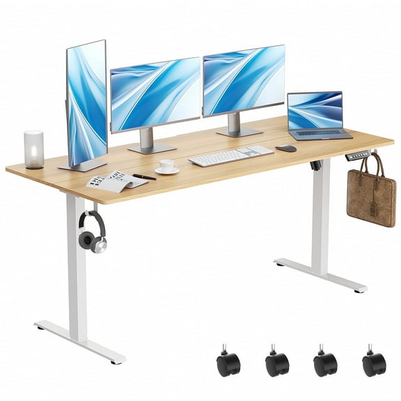 VVENACE Electric Standing Desk Height Adjustable Desk 63 inch 4 Memory Height Ergonomic Sit Stand up Desk for Home Office, Oak, 2 Split Boards
