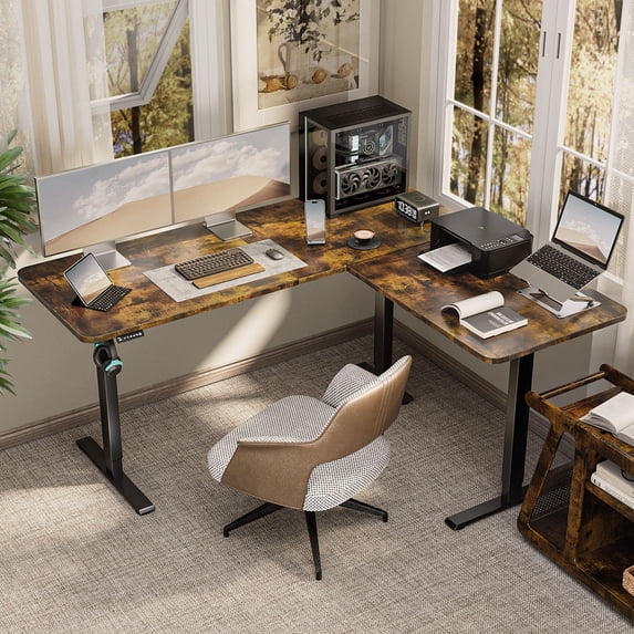 VVENACE 63 x 55 inch L Shaped Electric Standing Desk Stand up Desk Corner Computer Workstation for Home, Room, Office, Brown, 3 Split Boards