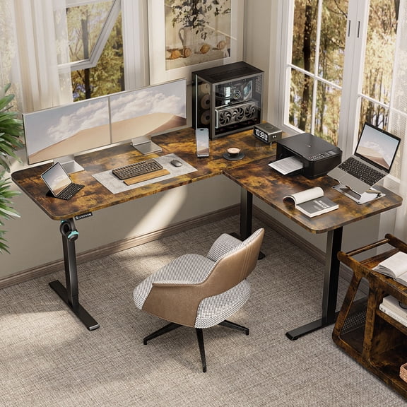 VVENACE 63 x 55 inch L Shaped Electric Standing Desk Stand up Desk Corner Computer Workstation for Home, Room, Office, Brown, 3 Split Boards