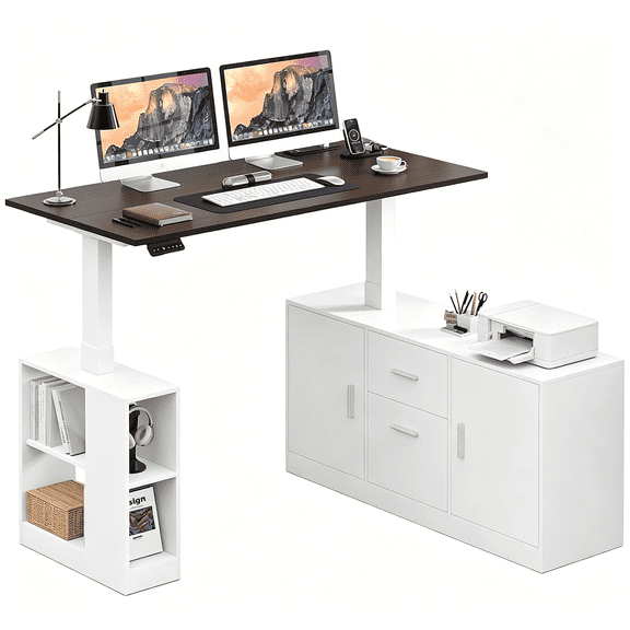 VVFLU 55" Farmhouse Electric Standing Desk Adjustable Height Sit Stand Corner Stand Desks, L Shaped Standing Computer Desk with Power Outlets & Storage Drawers for Home Office, White