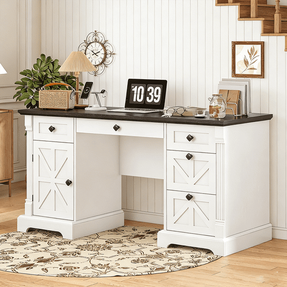 VVFLU 55" Office Desk with Drawers, Farmhouse Executive Desk with Charging Station, Hidden Cabinet, File Cabinet Storage, Wood Computer Desk with 5 Drawers for Work Study Writing, White