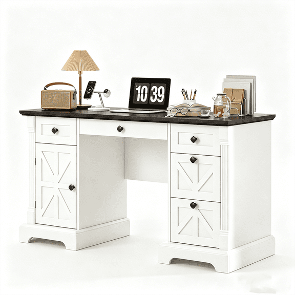 VVFLU 55" Office Desk with Drawers, Farmhouse Executive Desk with Charging Station, Hidden Cabinet, File Cabinet Storage, Wood Computer Desk with 5 Drawers for Work Study Writing, White