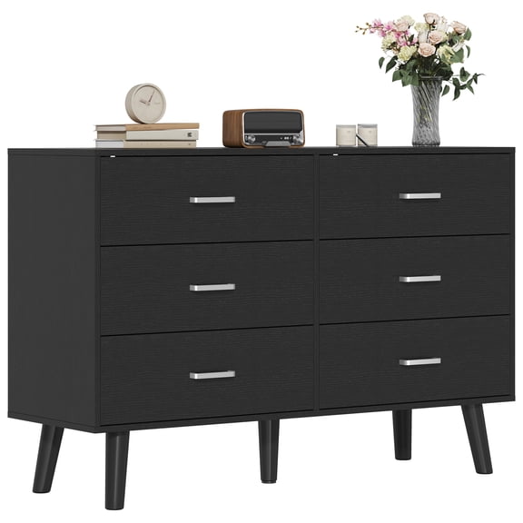 VVFLU 6 Drawer Dresser, Wide Chest of Drawers Organizer Storage with Drawers, Large Storage Cabinet, Modern Design Dresser for Bedroom, Living Room, Porch, Black