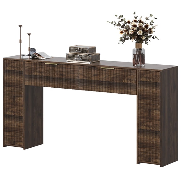 VVFLU 63 Inch Console Table with 2 Drawers, Fluted Entryway Tables with Storage, Sofa Table Behind The Couch, Hallway Tables, Mid-Century Modern Foyer Table for Entryway, Hallway, Living Room, Brown