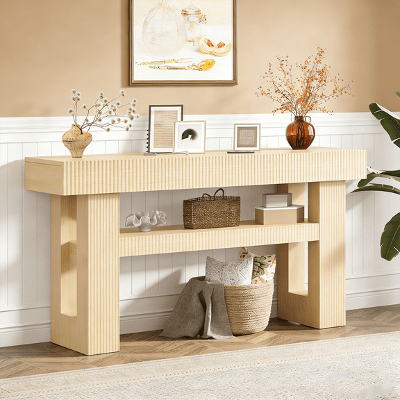VVFLU 63-Inch Long Entryway Console Table with a Fluted Design, Thick Wood Farmhouse Sofa Table Behind Couch, Narrow Hallway Accent Table for Living Room, Foyer, Entrance, Oak