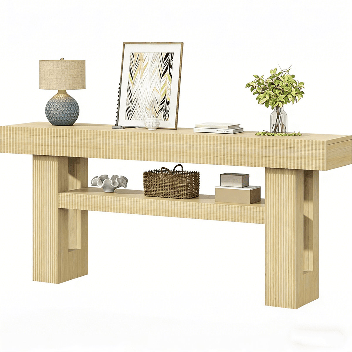 VVFLU 63-Inch Long Entryway Console Table with a Fluted Design, Thick Wood Farmhouse Sofa Table Behind Couch, Narrow Hallway Accent Table for Living Room, Foyer, Entrance, Oak