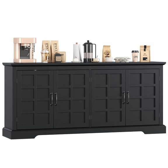 VVFLU 70.2" W Buffet Cabinet with 4-Doors, Farmhouse Credenza Sideboard with Adjustable Shelves for Kitchen Dining Room, Black