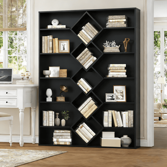 VVFLU 71" Triple Wide Bookshelf, 6-Tier Bookcase with Diamond Accent Compartments, Space-Saving Storage Cabinet for with 17 Open Display Shelves for Living Room, Bedroom, Home Office, Black