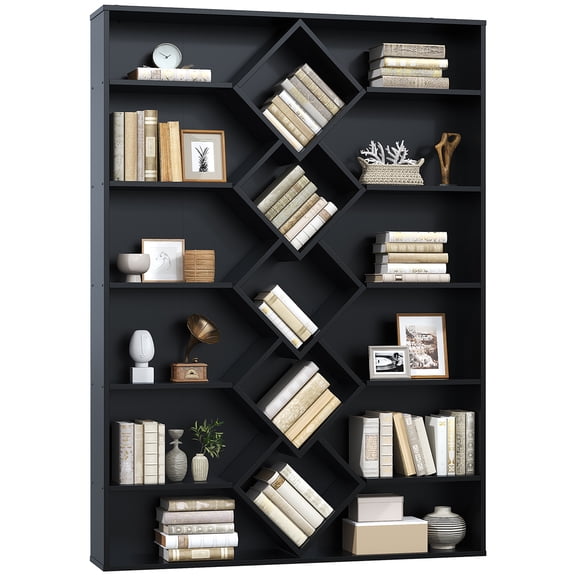 VVFLU 71" Triple Wide Bookshelf, 6-Tier Bookcase with Diamond Accent Compartments, Space-Saving Storage Cabinet for with 17 Open Display Shelves for Living Room, Bedroom, Home Office, Black