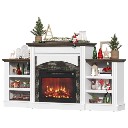 VVFLU 72 inch Fireplace TV Stand with 23'' Real Flame Electric Fireplace, Mid Century Modern TV Console Table, Farmhouse TV Cabinet, TV Entertainment Center with Storage for Living Room, Bedroom