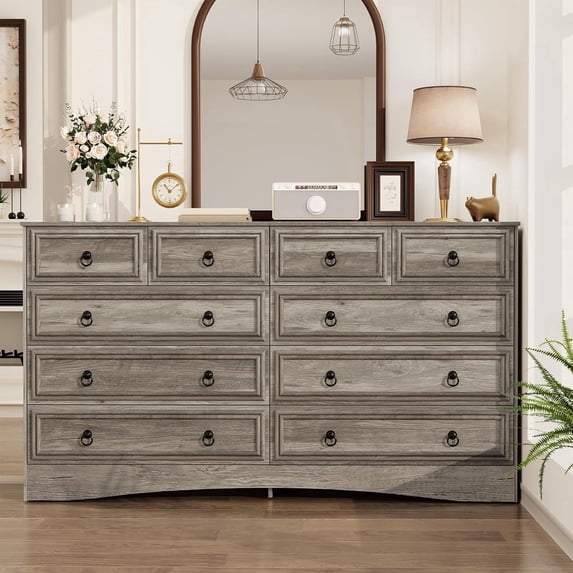 VVFLU Farmhouse 10 Drawers Dresser for Bedroom,Gray Dresser Chest of Drawers, Wood Storage Dressers with Deep Drawers, Wide Modern Dressers & TV Stand for Living Room, Closet, Hallway