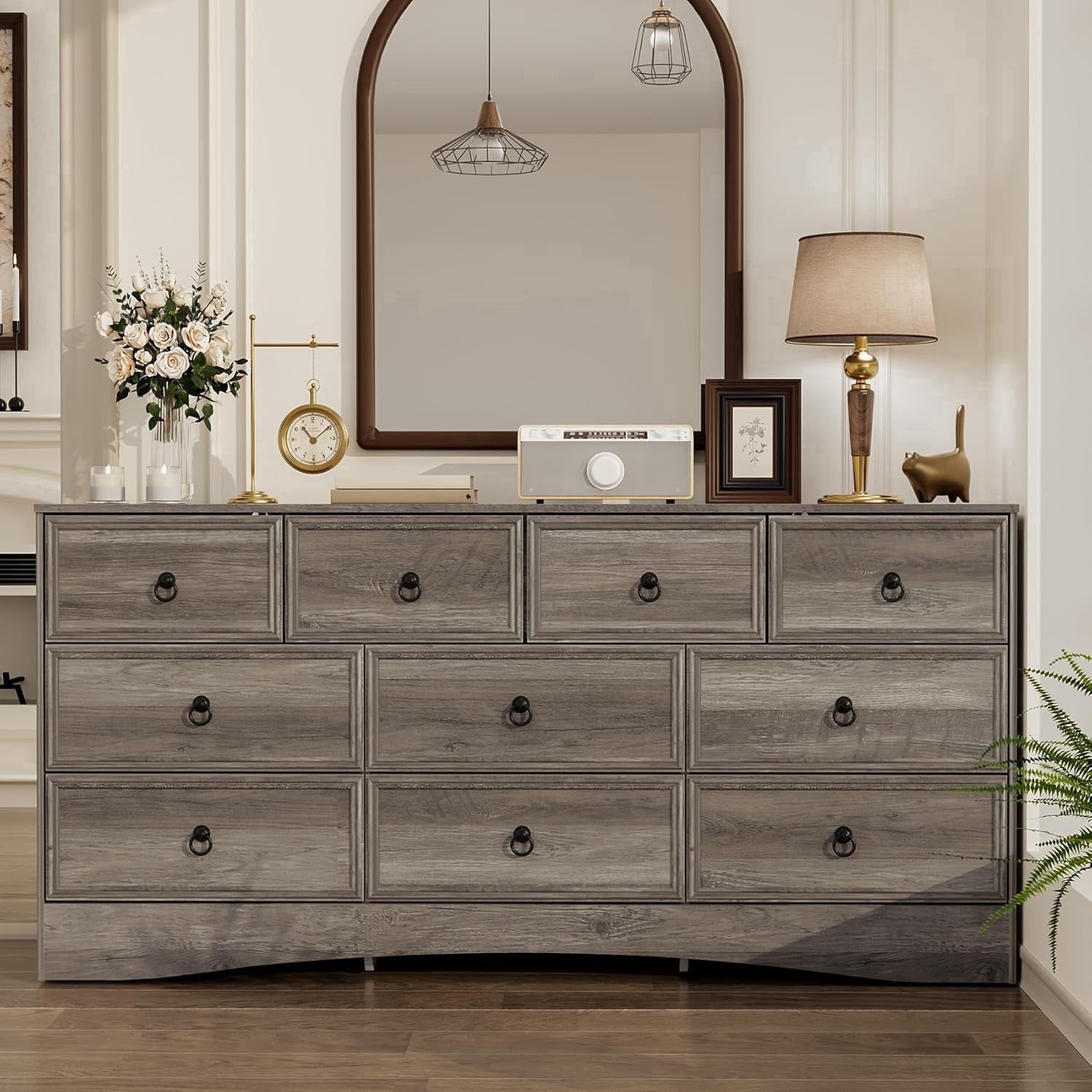 farmhouse grey dresser 6 Drawers for Bedroom, 54" Wide Large Dressers & Chests of Drawers w/Roman Column, Wooden Dresser TV Stand with Large Drawers for Nursery Bedroom Living Room Hallway,Dark Rustic Oak while the 1.2 reinforced engineered Britonale Rustic Farmhouse 6-Drawer Dresser,