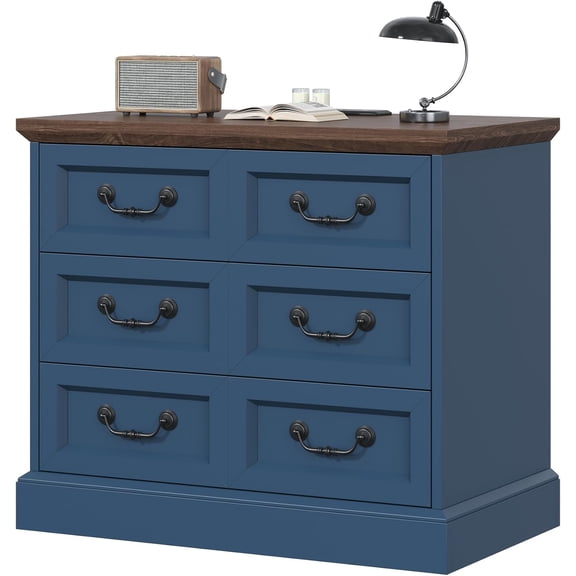 VVFLU Farmhouse 3 Drawers Nightstand with Charging Station, Rustic Wood Night Stand with Drawers for Bedroom, Vintage Bedside Table Small Dresser Chest of Drawers for Living Room, Blue