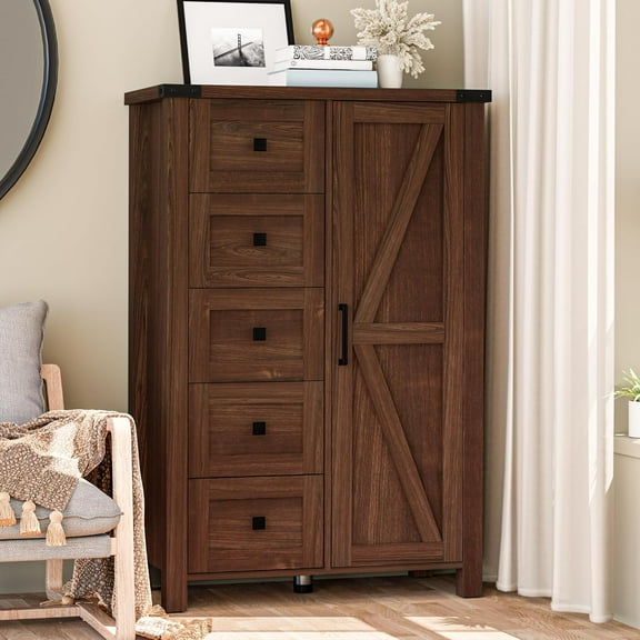 VVFLU Farmhouse 5 Drawer Dresser Storage Cabinet Chest of Drawer for Bedroom, 48" Tall Brown Wood