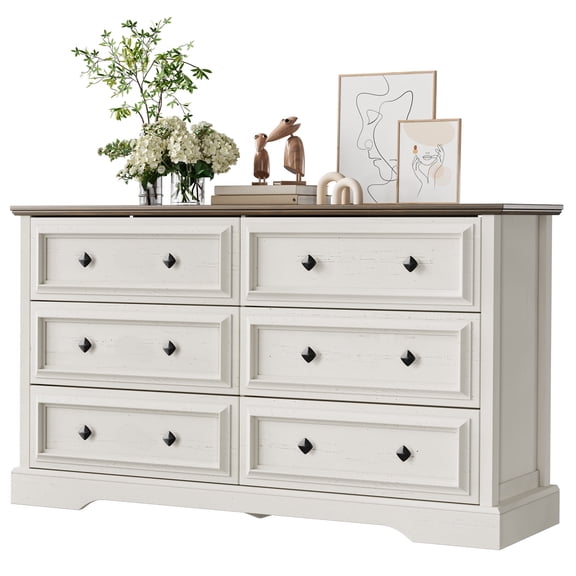 VVFLU Farmhouse 6 Drawer Dresser for Bedroom, 53.9" Wide Wood Rustic Chest of Drawers for Bedroom, Storage Dressers Clothes Organizer for Closet, Living Room, Hallway, Dining Room