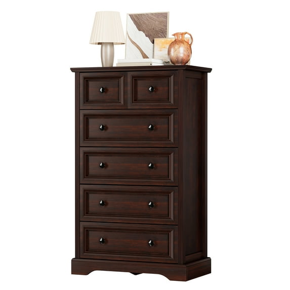 VVFLU Farmhouse 6 Drawer Dresser, Dressers Chest of Drawer for Bedroom Organizer Storage, 48 Inch Tall Dresser, Wood Dressers Storage Cabinet for Living Room, Entryway, Hallway,Cherry