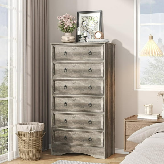 VVFLU Farmhouse 6 Drawers Dresser for Bedroom, Gray Dresser Chest of Drawers, Wood Storage Dressers with Deep Drawers, Wide Modern Dressers & TV Stand for Living Room, Closet, Hallway