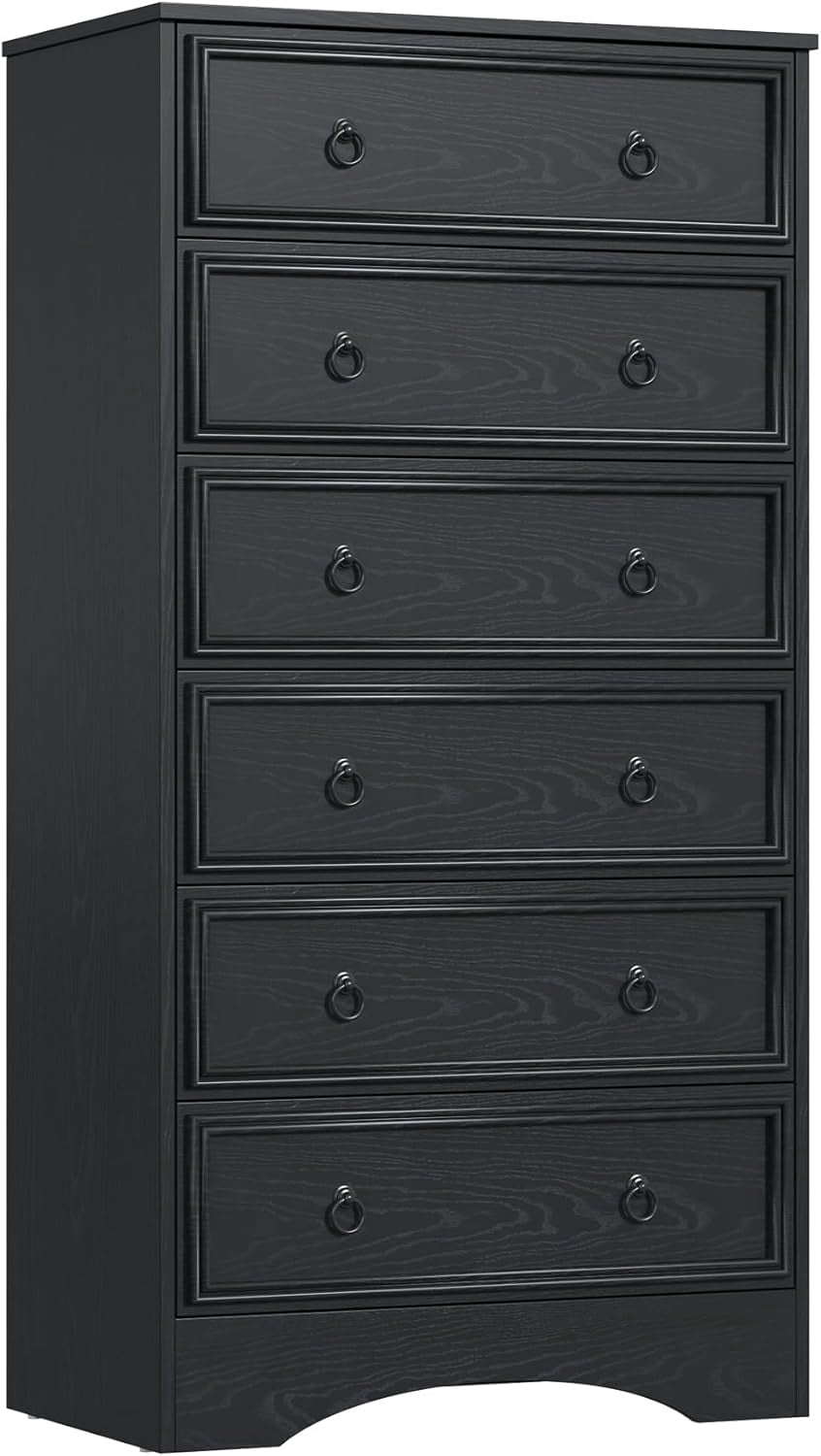 VVFLU Farmhouse 6 Drawers Dresser for Bedroom, Black 52" Tall Dressers Chest of Drawer, Wooden Vertical Dresser for Bedroom Hallway
