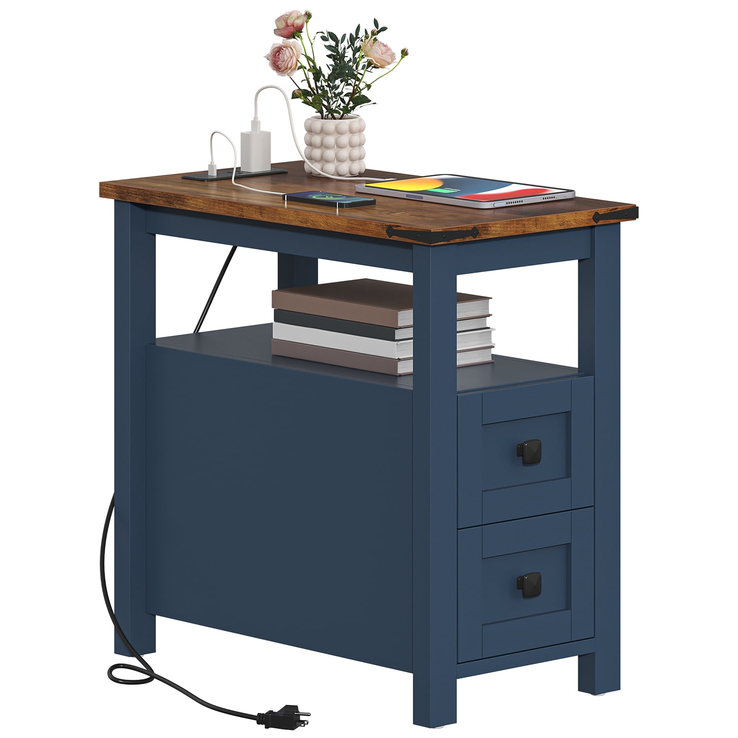 VVFLU Farmhouse End Table with Charging Station, Blue Nightstand Narrow, Skinny Slim Small, Bedroom