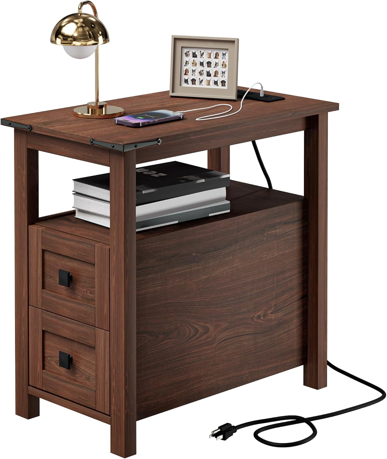 VVFLU Farmhouse End Table with Charging Station, Cherry Nightstand Narrow, Skinny Slim Small, Bedroom