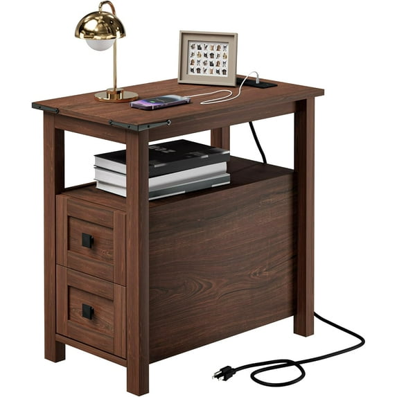 VVFLU Farmhouse End Table with Charging Station, Cherry Nightstand Narrow, Skinny Slim Small, Bedroom