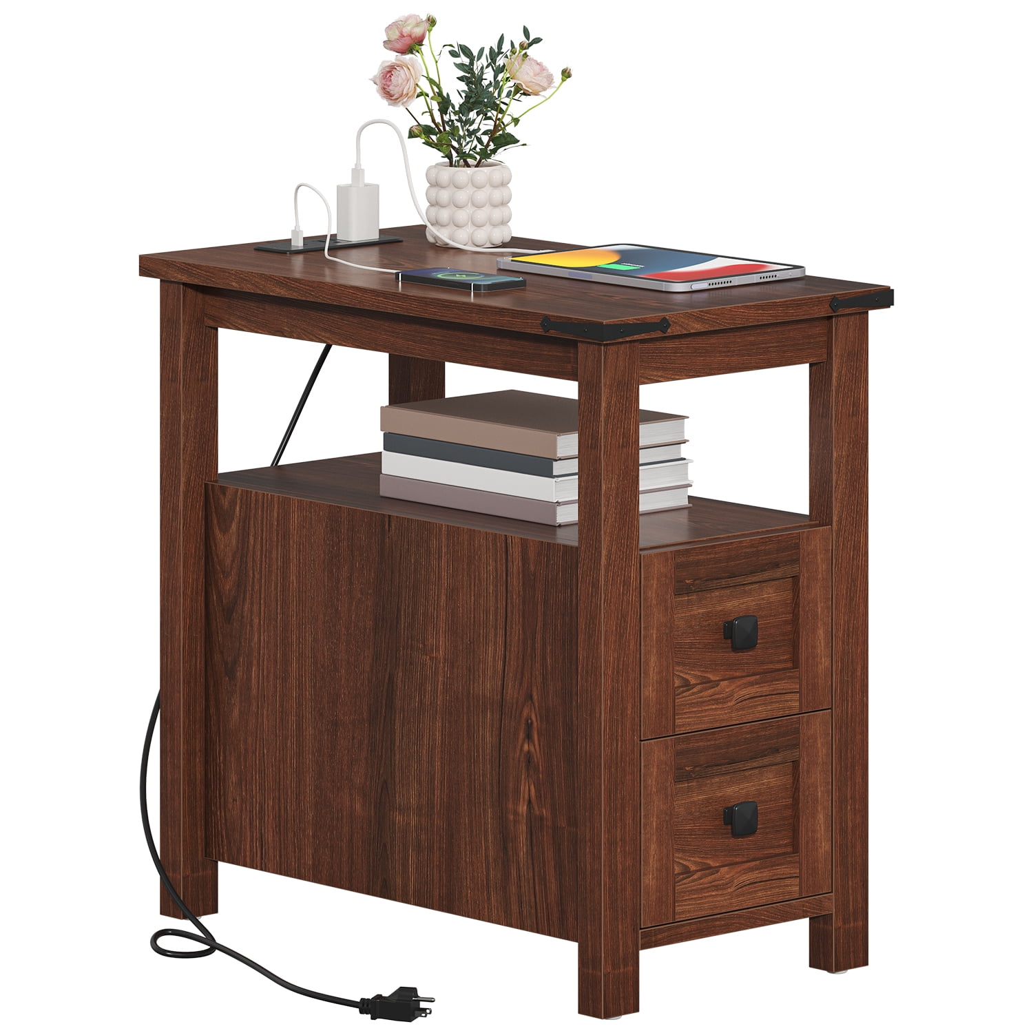VVFLU Farmhouse End Table with Charging Station, Cherry Nightstand Narrow, Skinny Slim Small, Bedroom