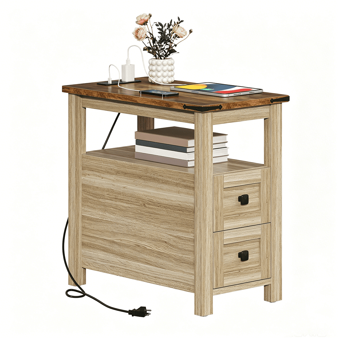 VVFLU Farmhouse End Table with Charging Station, Oak Nightstand Narrow, Skinny Slim Small, Bedroom