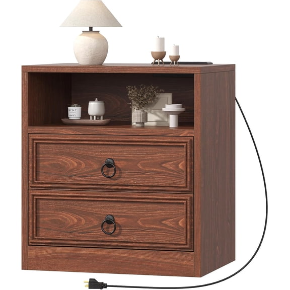 VVFLU Farmhouse Nightstand with 2 Drawers, Wood Bedside Table Night Stand with Charging Station, Sofa Side End Table for Bedroom, Living Room, Cherry