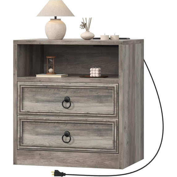 VVFLU Farmhouse Nightstand with 2 Drawers, Wood Bedside Table Night Stand with Charging Station, Sofa Side End Table for Bedroom, Living Room, Gray
