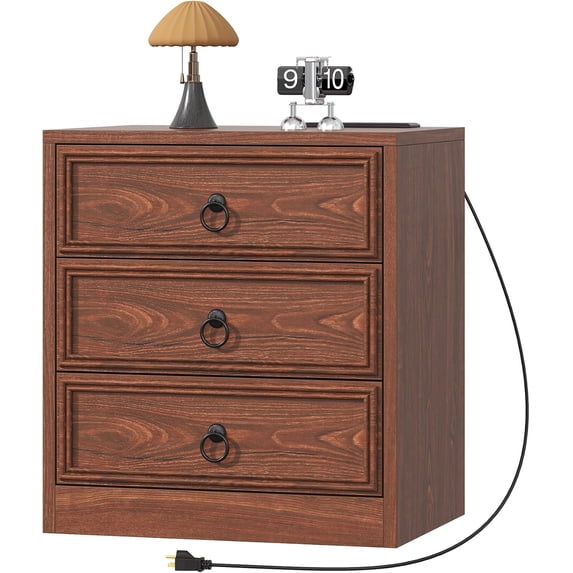 VVFLU Farmhouse Nightstand with 3 Drawers, Wood Bedside Table Night Stand with Charging Station, Sofa Side End Table for Bedroom, Living Room, Cherry