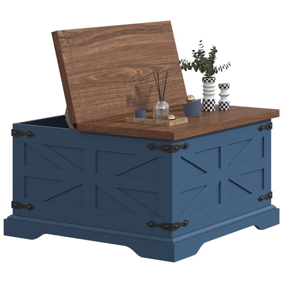 VVFLU Farmhouse Square Coffee Table with Storage for Living Room, Hinged Lift Top Soft Close, Blue