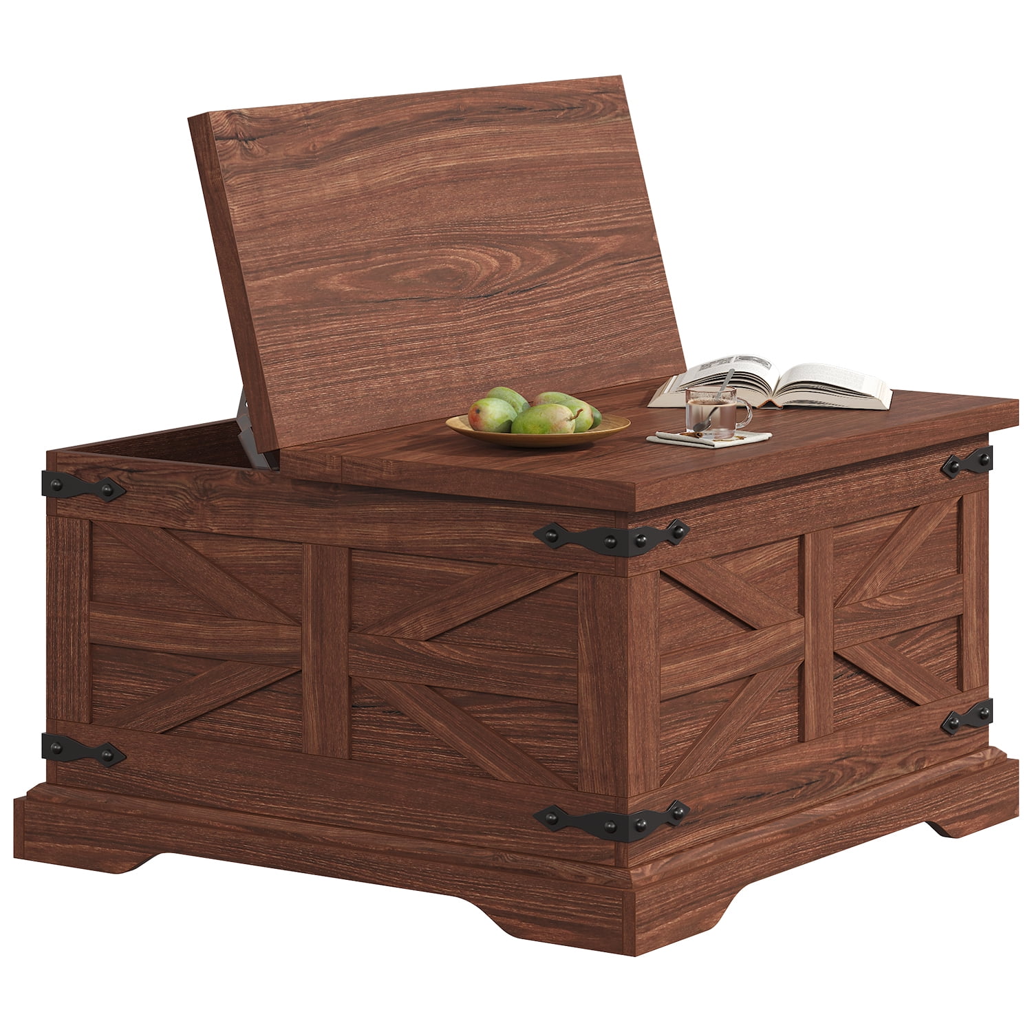 VVFLU Farmhouse Square Coffee Table with Storage for Living Room, Hinged Lift Top Soft Close, Cherry