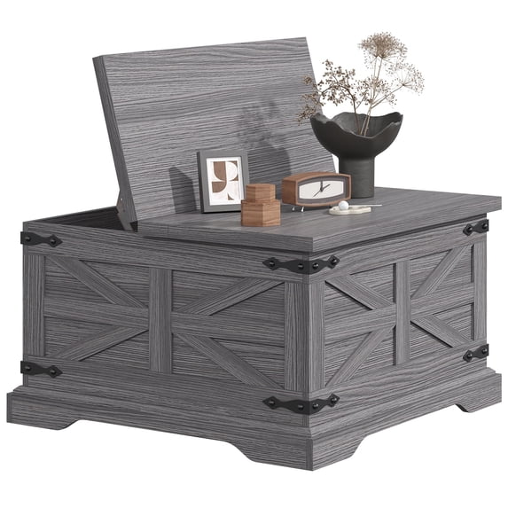 VVFLU Farmhouse Square Coffee Table with Storage for Living Room, Hinged Lift Top Soft Close, Grey