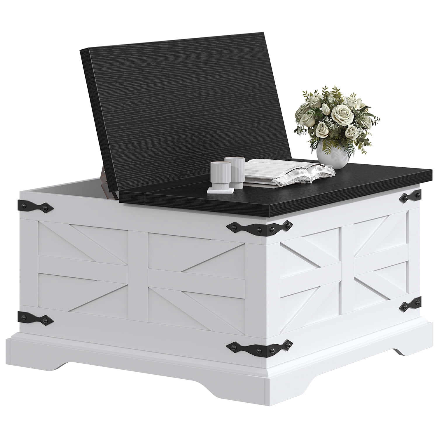 VVFLU Farmhouse Square Coffee Table with Storage for Living Room, Hinged Lift Top Soft Close, White