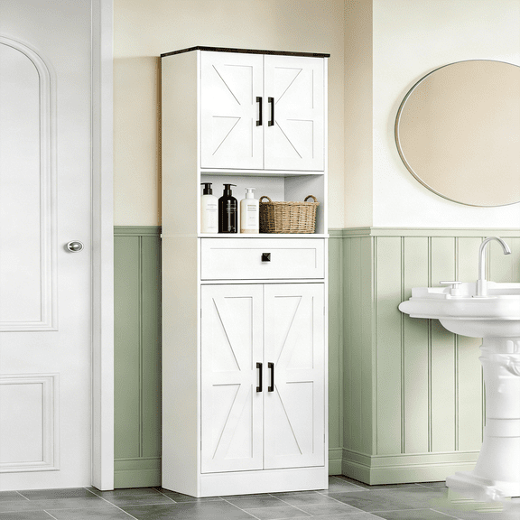VVFLU Farmhouse Tall Bathroom Storage Cabinet, 67" Linen Cabinet Freestanding for Kitchen, White