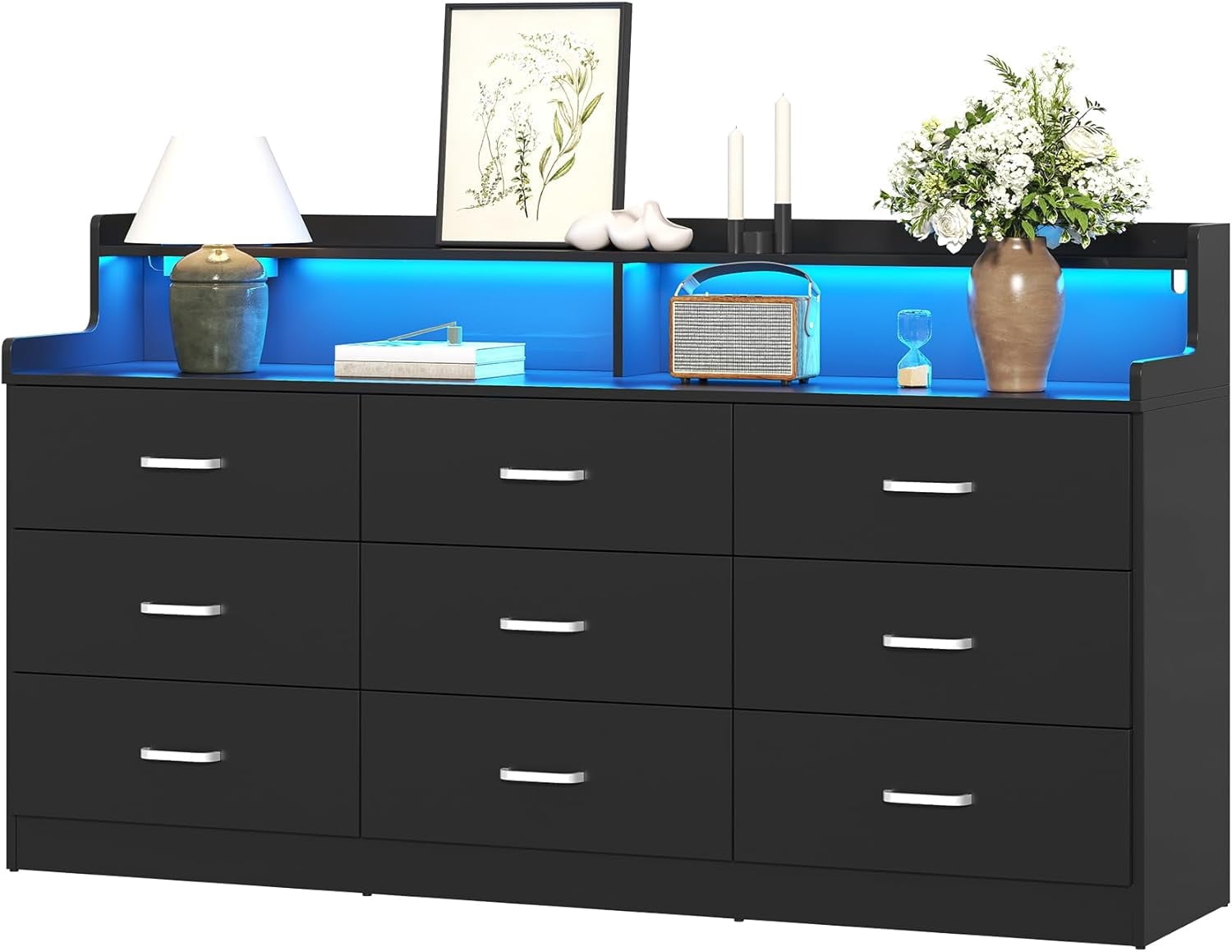 VVFLU Modern Dresser for Bedroom with LED Light, 9 Drawer Black Dresser with Charging, Wooden Chest of Drawers, Large TV Stand for Bedroom