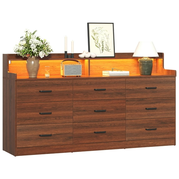 VVFLU Modern Dresser for Bedroom with LED Light, 9 Drawer Brown Dresser with Charging, Wooden Chest of Drawers, Large TV Stand for Bedroom