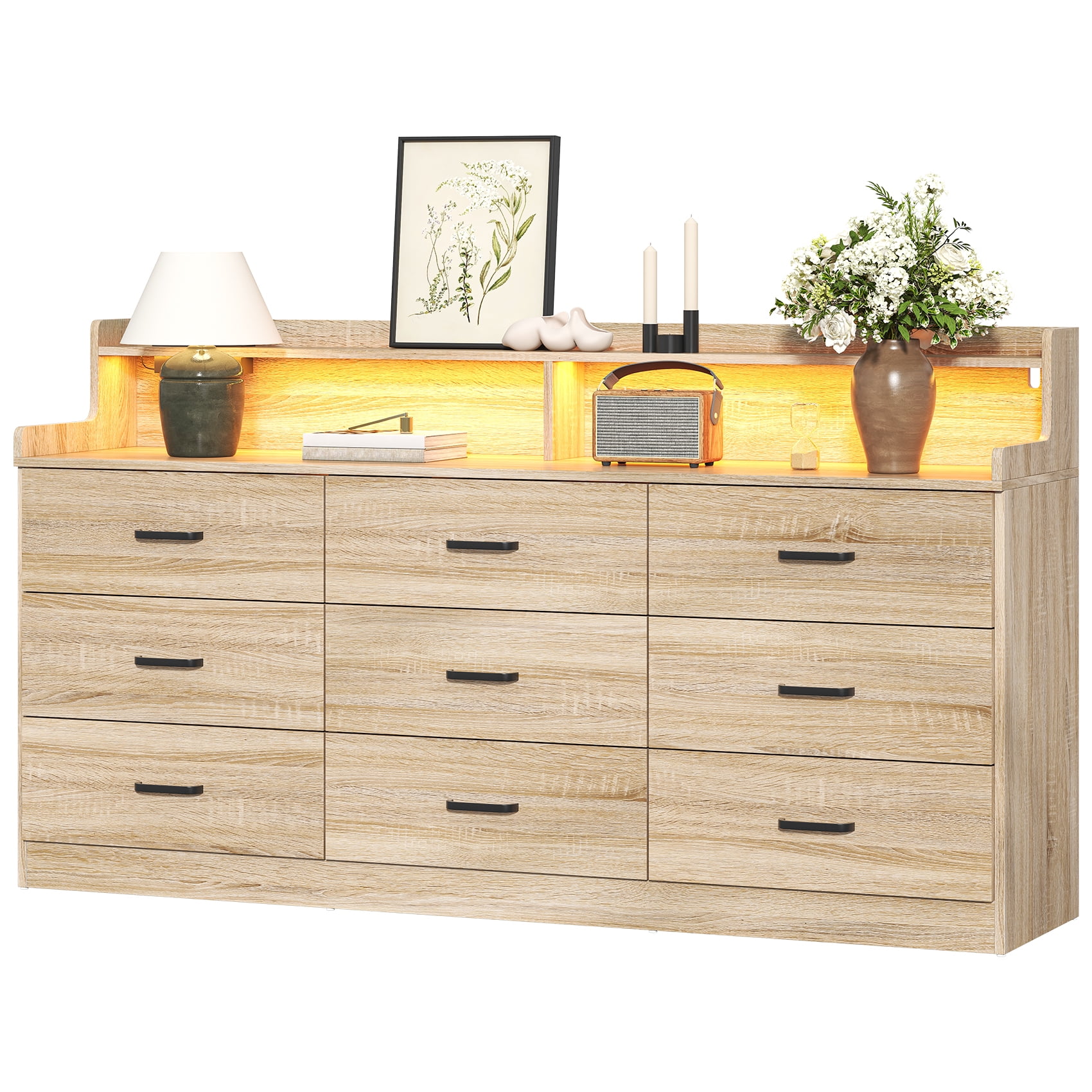 VVFLU Modern Dresser for Bedroom with LED Light, 9 Drawer Oak Dresser with Charging, Wooden Chest of Drawers, Large TV Stand for Bedroom