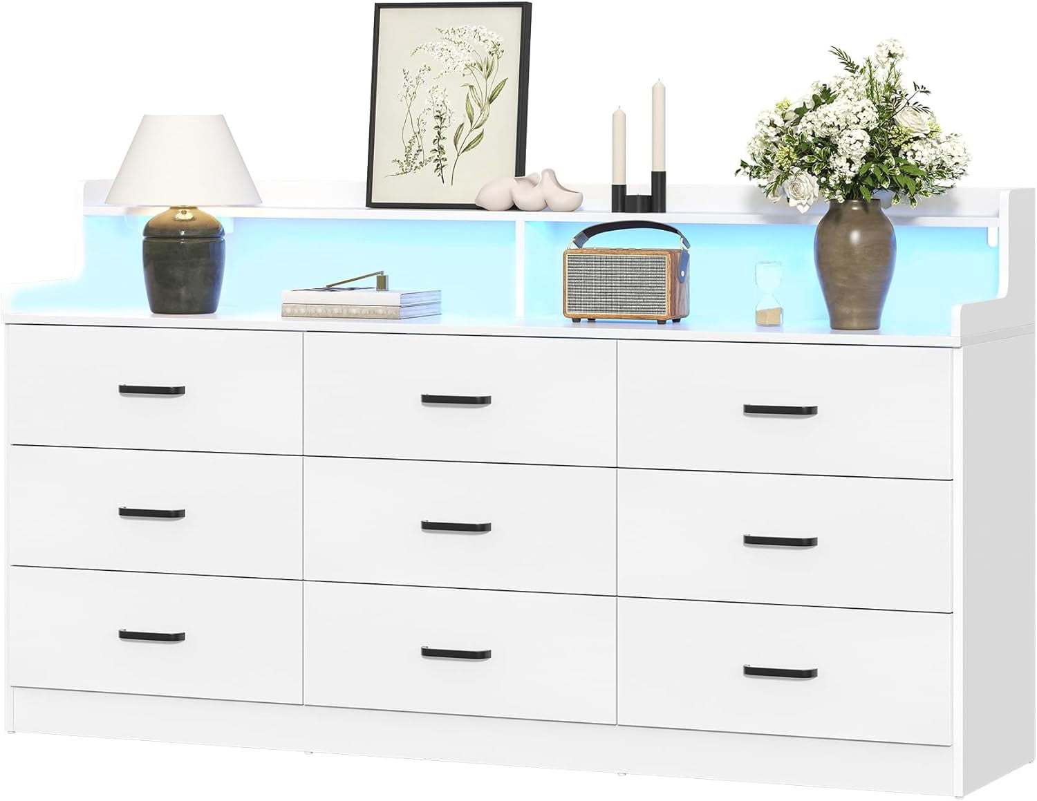 VVFLU Modern Dresser for Bedroom with LED Light, 9 Drawer White Dresser with Charging, Wooden Chest of Drawers, Large TV Stand for Bedroom