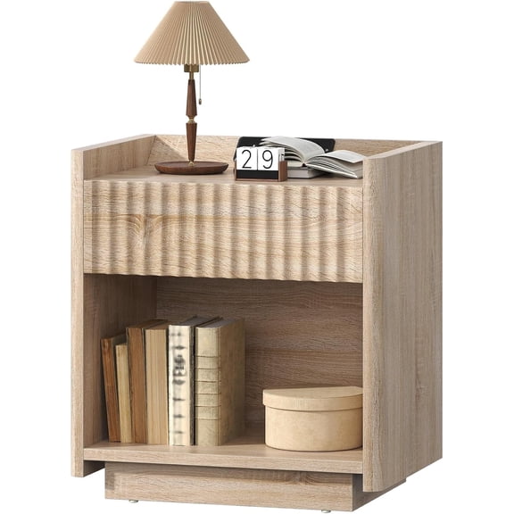 VVFLU Nightstand, Fluted Bed Side Table with Charging Station, Modern End Side Table for Bedroom Furniture Living Room Sofa, Night Stand with Storage Drawers and Large Open Shelf