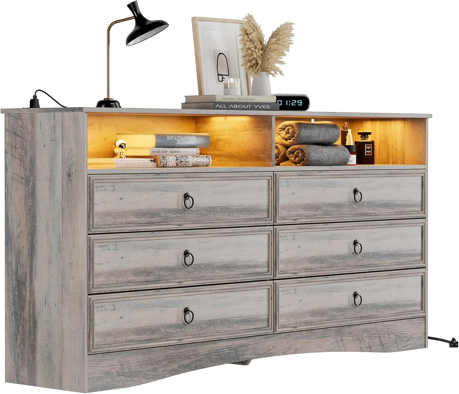 VVFLU Vintage 6 Dresser for Bedroom, Farmhouse 6 Drawers Dresser with Open Shelfs and LED Lights, 47.3" Wide Wood Rustic Chest of Drawers for Living Room, Hallway, Gray