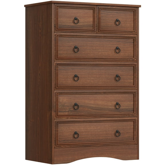 VVFLU Wood Dresser Tall for Bedroom, 6 Chest Drawers, Mid Century Vintage, Cherry Color, Living Room