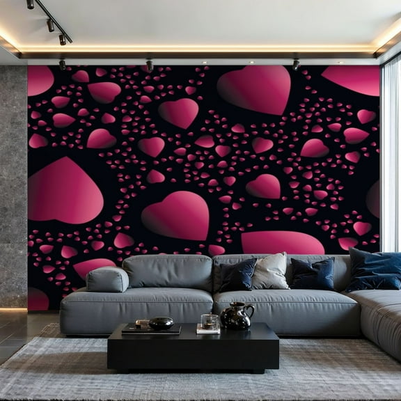 VVLUXIDECO Canvas Wall Mural Peel and Stick Large Wallpaper Rose gradient hearts black seamless Wall Art Decor for Living Room Bathroom Self Adhesive and Removable 69in x 98in