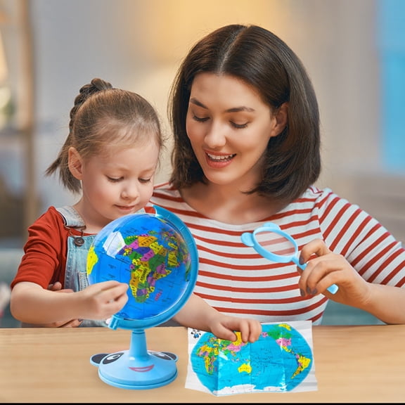 VVQ 10cm Illuminated Globe , Educational World Globe with Light LED Rotating Night Light, Interactive Geography Teaching with Stand, Learning Gift, Blue
