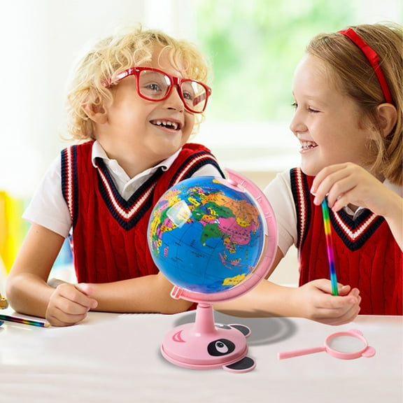 VVQ 10cm Illuminated Globe , Educational World Globe with Light LED Rotating Night Light, Interactive Geography Teaching with Stand, Learning Gift, Pink