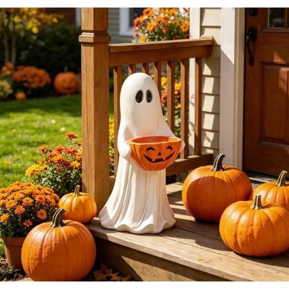 VVQ  11.8 Inches Outdoor Safe Ghost Figurine with Pumpkin Candy Bowl, Halloween Ghost Statue for Front Porch Yard, Ghost Decorations for Indoor Use with Smiling Face