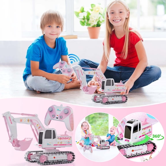 VVQ 2.4G Remote Control Excavator, Pink Alloy Track RC , Romantic Heart Light Sound Construction Vehicle, Built-in Battery USB Charging Truck for Indoor Outdoor Play