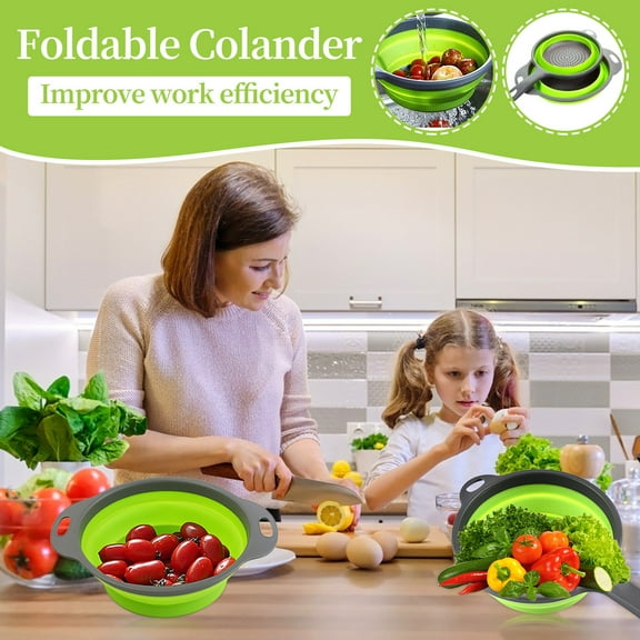 VVQ 2 Pack Collapsible Colanders, 8 Inch Foldable Kitchen Strainer with Handle, Heat Resistant Multipurpose Food Strainer for Pasta Vegetables, Space Saving Colander for RV Camping Travel