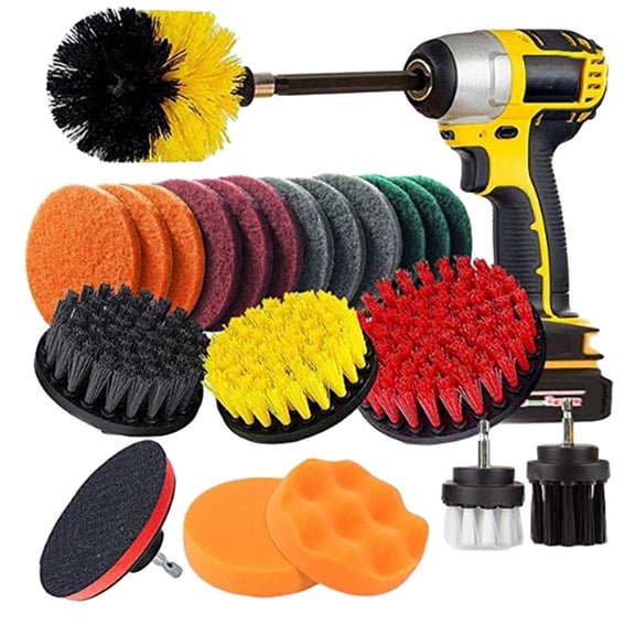 VVQ 22 Piece Drill Brush Head Set, Sponge Dishcloth Cleaning Attachment Kit, Car Polisher Kitchen Bathroom Cleaning Tools, Toilet Cleaning Accessories VVQ Hard Nylon Drill Brush, Rechargeable Drill